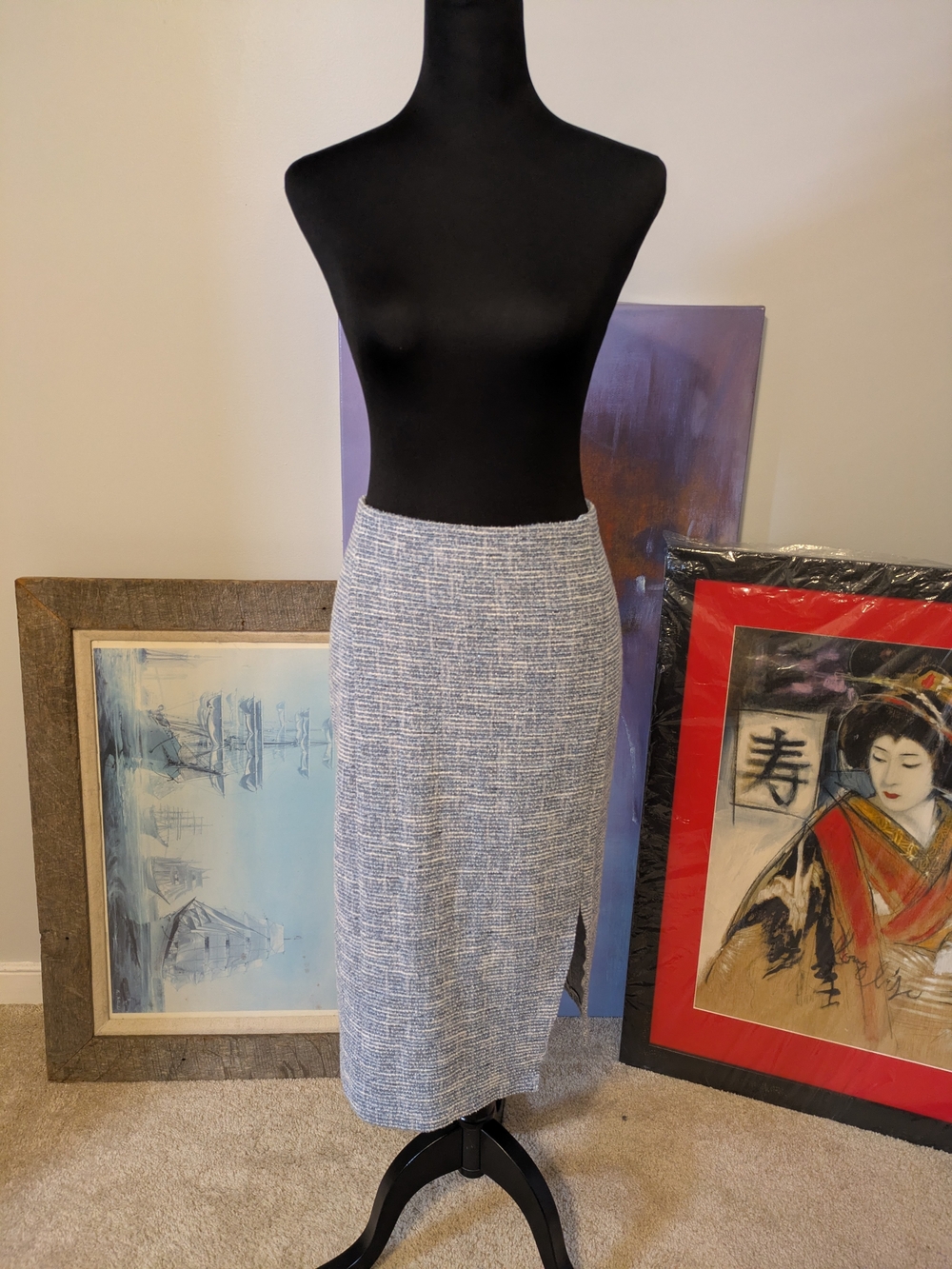 Cato Classic Blue Tweed Pencil Skirt Size M Metallic Threading Pull On Midi